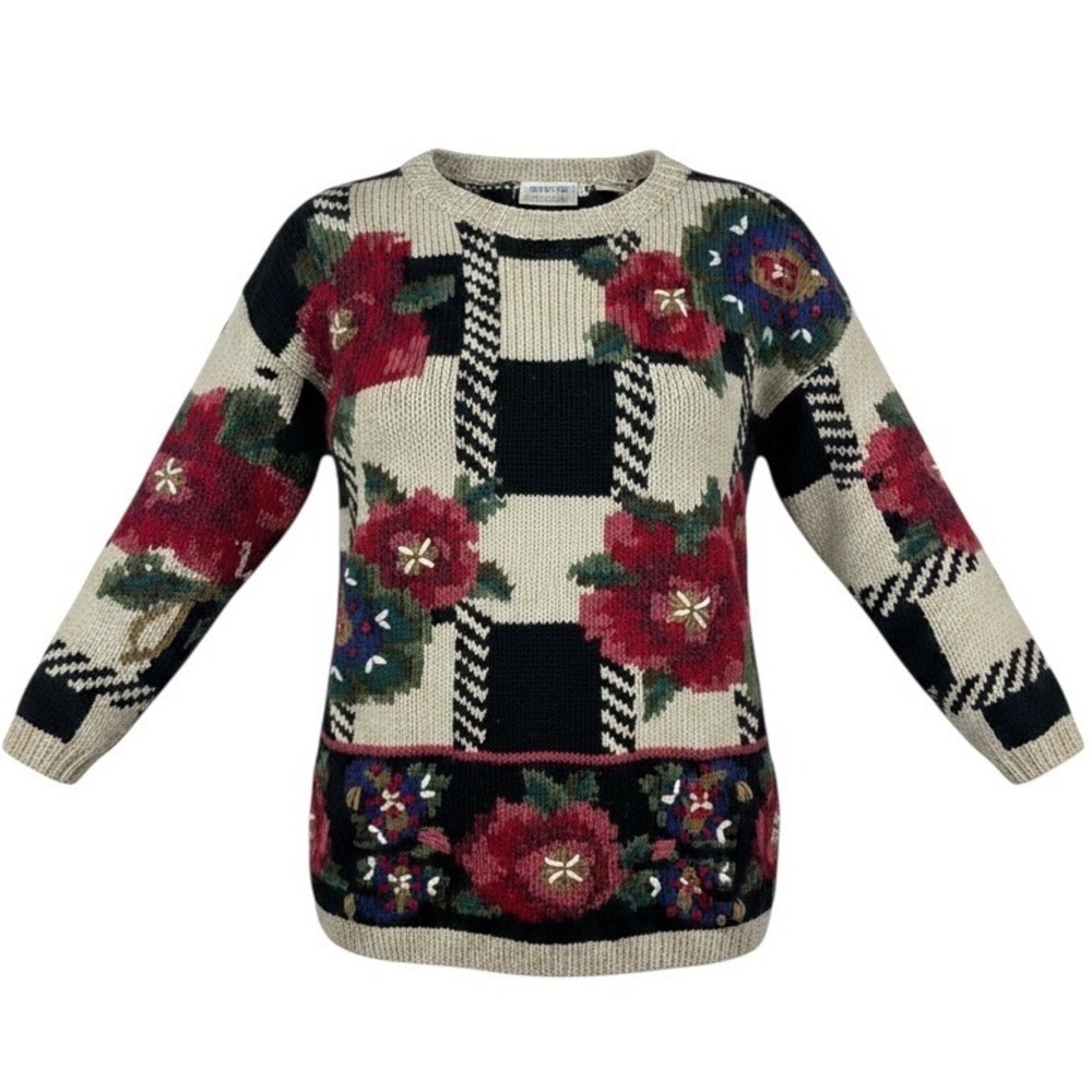 Preview Basics XS Black Floral Wool Chunky Knit Grandmacore Cottagecore Sweater